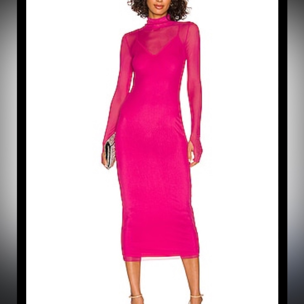New AFRM Shailene Vibrant Fuchsia Long Sleeve Dress Sz S midi revolve